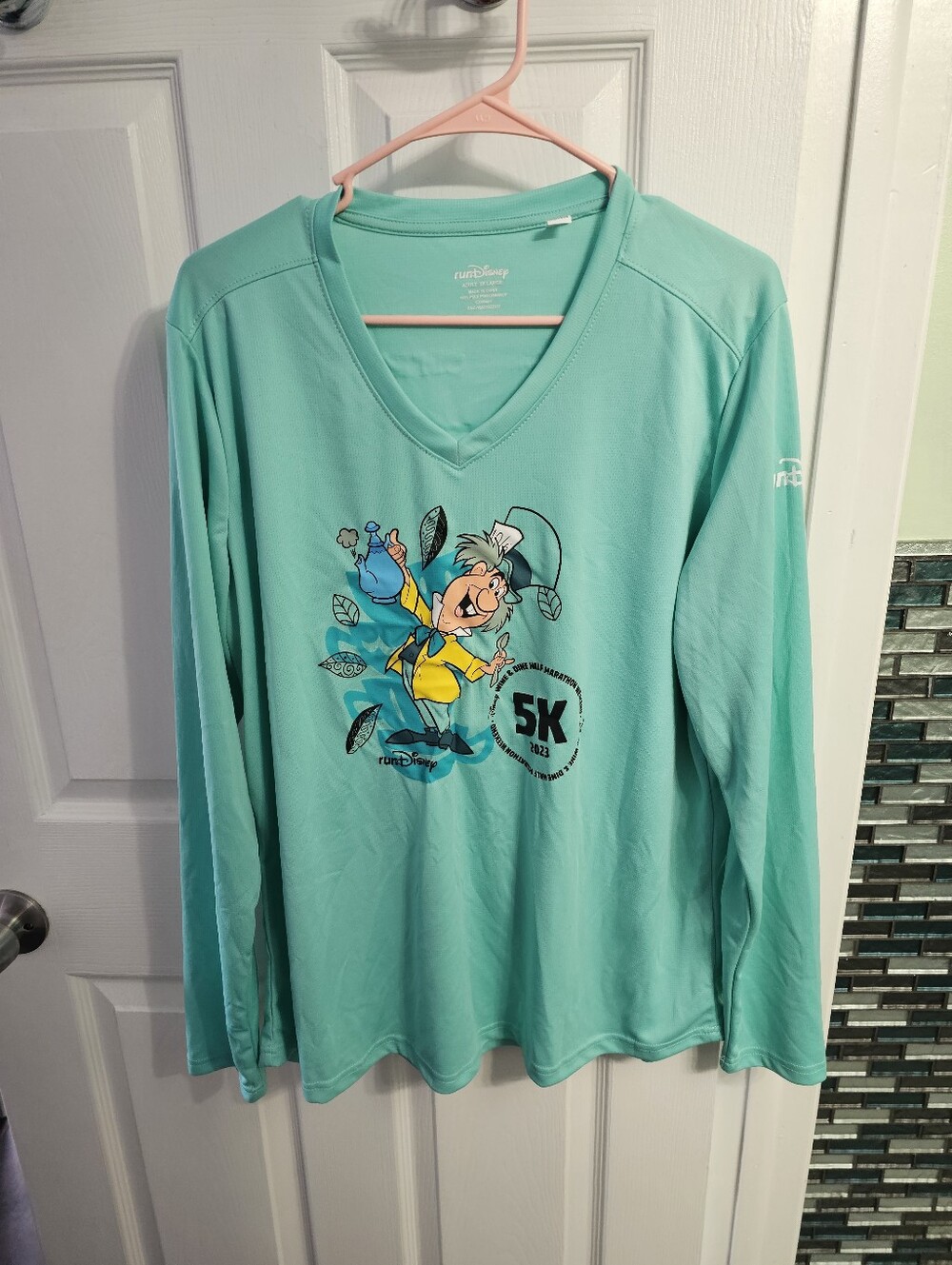 runDisney Alice Mad Hatter 5K Teal V-Neck Long Sleeve Shirt Wine And Dine 2023